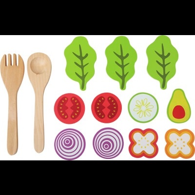 Talheres de madeira e peças de legumes/frutas de feltro coloridos