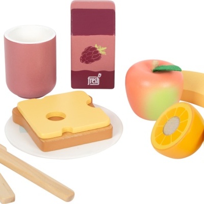 Conjunto de brinquedo de alimentos em madeira colorida com frutas e pão.