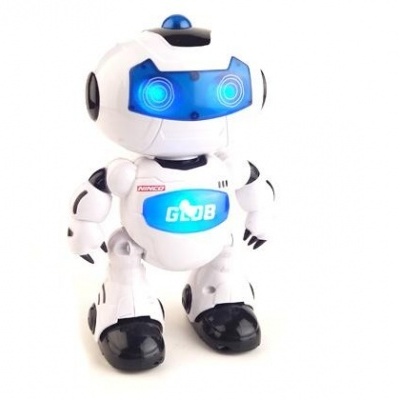 Robô branco e preto com luzes azuis e texto GLOOB no peito