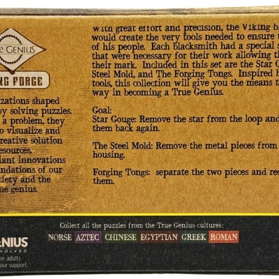 Embalagem de jogo de puzzle Viking Forge em cartão castanho com texto explicativo e QR code