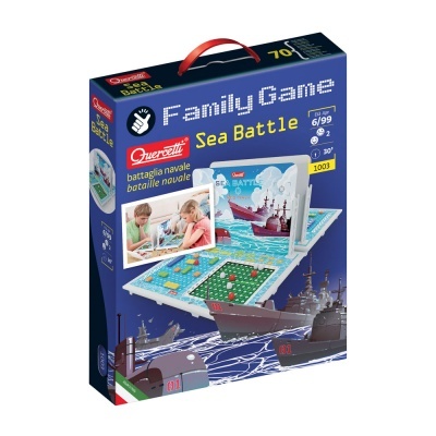 Caixa do jogo de tabuleiro Family Game Sea Battle da Queretti com tema naval e navios de guerra