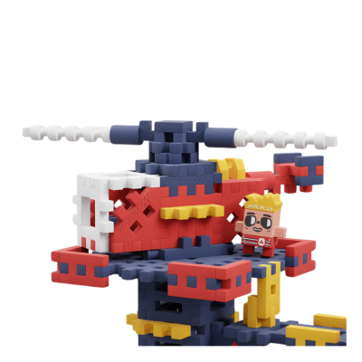 Modelo de helicóptero de blocos de montar colorido com figura de personagem junto