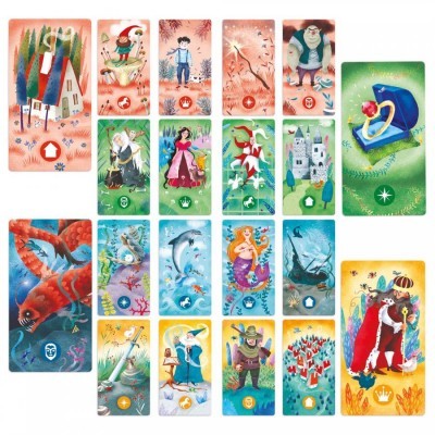 Cartas ilustradas coloridas com personagens, símbolos e cenas diversas