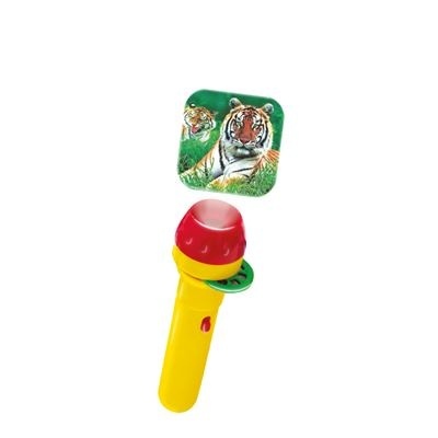Microfone de brinquedo amarelo com cartão ilustrado de tigres