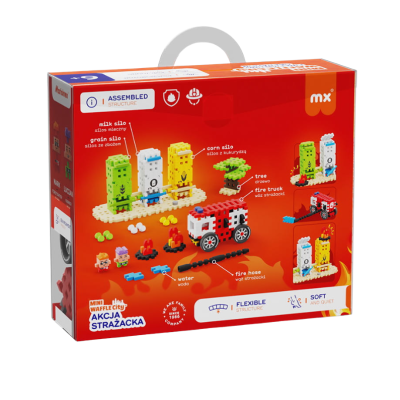 Caixa vermelha de brinquedo de blocos de montar com tema de bombeiros, ilustrações dos bloquinhos e texto em inglÊs e polaco