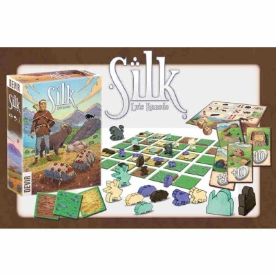 Jogo de tabuleiro Silk da Devir com peças coloridas e cartas
