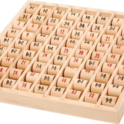 Tabuleiro de madeira com rolos de multiplicação e resultados