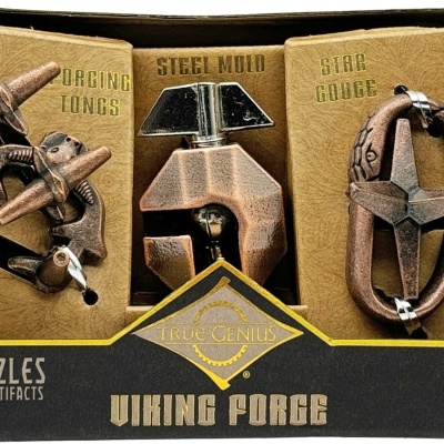 Conjunto de três puzzles metálicos Viking Forge em embalagem