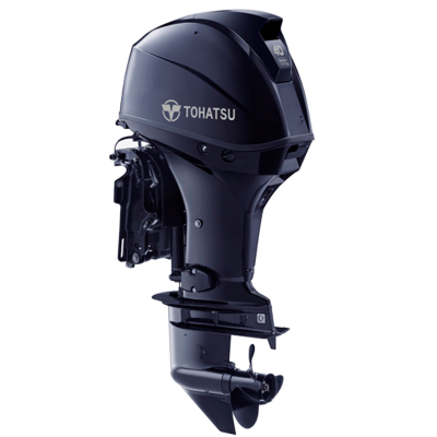 Motor de popa TOHATSU preto com hélice e etiqueta 40
