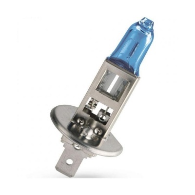 Lâmpada automóvel halogénea com bulbo azul e base metálica prateada