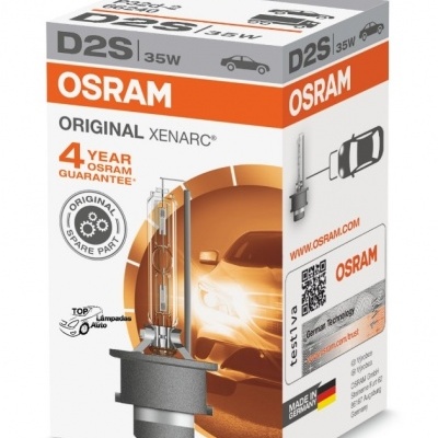 Caixa branca de lâmpada OSRAM D2S 35W com texto e imagens de produto e carro