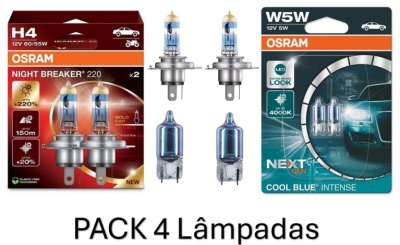 Osram Night Breaker +220% H4 + Osram Cool Blue Intense NG W5W (4 Lâmpadas)