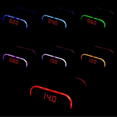 Dispositivos eletrónicos com números digitais vermelhos e molduras coloridas em fundo preto