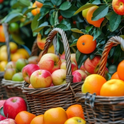 Cestos de vime com maçãs, laranjas e tangerinas ao ar livre