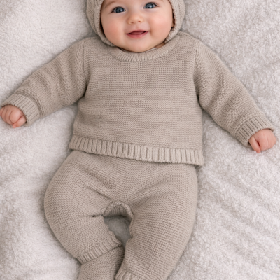 Conjunto de roupa de bebé cinzenta clara em malha sobre manta branca felpuda