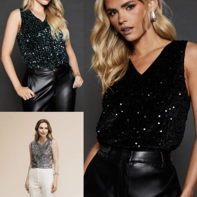 Modelos femininas a usar tops de lantejoulas em cores preto, prata e verde escuro combinados com calças pretas e brancas, em estúdio