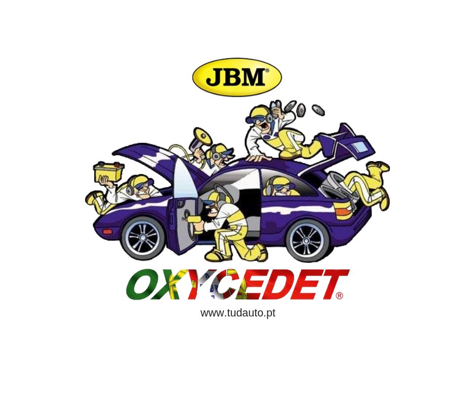 Desenho de carro desportivo azul com figuras humanas a trabalhar e logótipos JBM e OXYCEDET