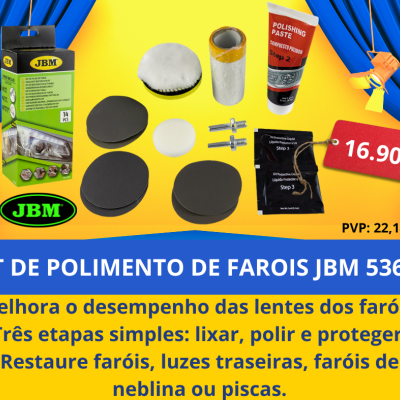 Kit de polimento de faróis JBM com pasta, discos e adaptadores em fundo amarelo