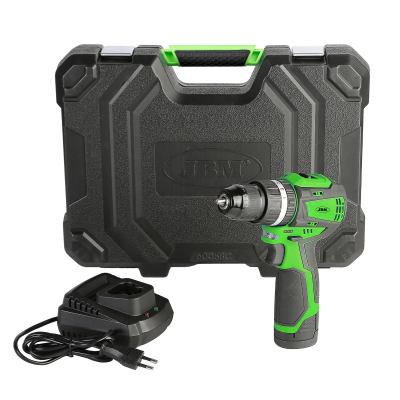 Furadeira/parafusadeira verde e preta com carregador e estojo preto com verde.