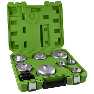 Conjunto de chaves de copo de filtro de óleo numa mala de plástico verde