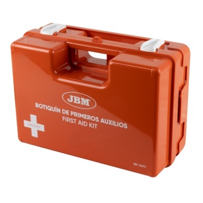 Mala rígida vermelha de primeiros socorros com texto branco e símbolo de cruz