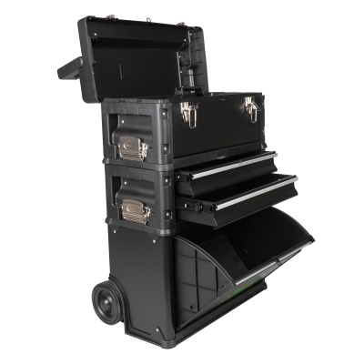 Caixa organizadora preta com gavetas e rodas para ferramentas