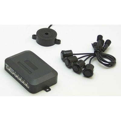 Sistema de sensores de estacionamento automóvel preto com unidade de controlo e sensores redondos