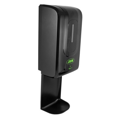 Dispenser de gel desinfetante preto com visor e suporte