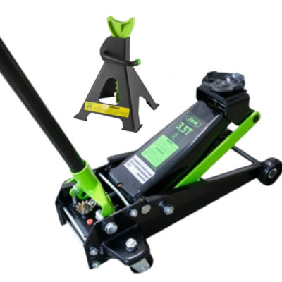 Macaco hidráulico preto e verde ao lado de suporte de segurança preto e verde