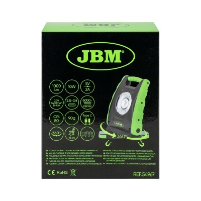 Embalagem preta e verde de holofote LED JBM com texto técnico e imagem do produto