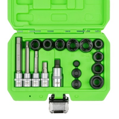 Conjunto de ferramentas com soquetes e extensores em caixa verde