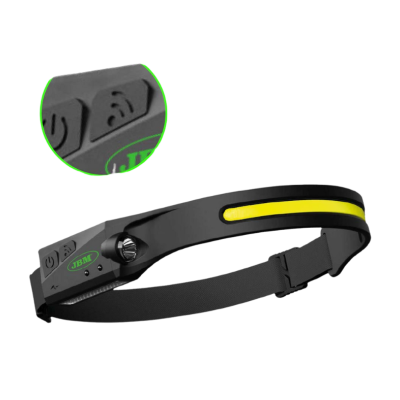 Cinta de cabeça preta e amarela com botões e marca LUM