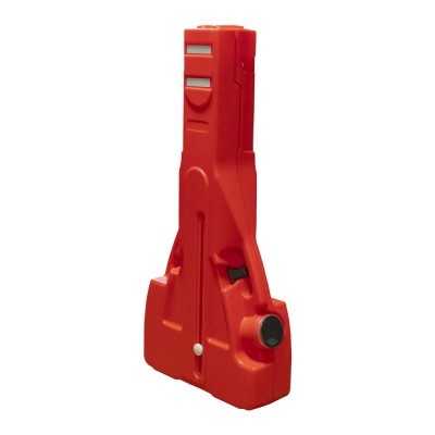 Dispositivo plástico vermelho com botões pretos sobre fundo branco