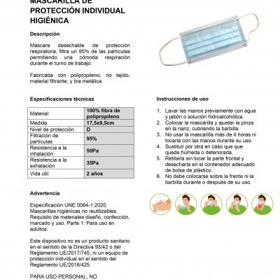 Máscara descartável de proteção respiratória azul com folheto informativo