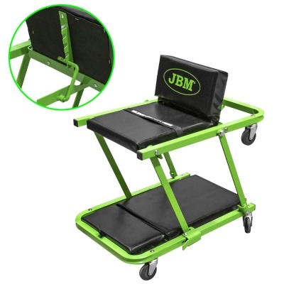 Cadeira baixa de trabalho verde com assentos pretos e rodas