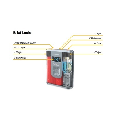 Arrancador de baterias e compressor de pneus, alta capacidade 12000mAh, | STEELMATE | STV12