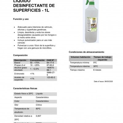 Frasco de desinfectante de superfícies JBM 1 litro com pulverizador e rótulo detalhado