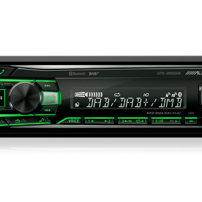 Rádio de carro Alpine UTE-2043AB preto com luz verde e ecrã digital.