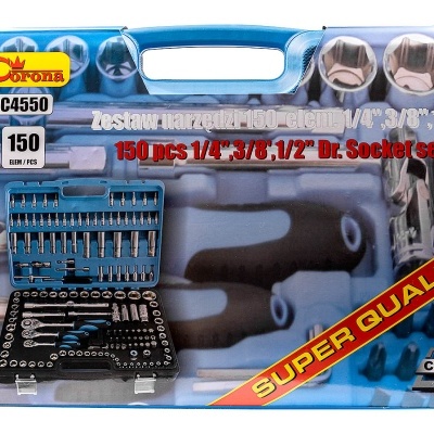 Conjunto de ferramentas Corona 150 peças em caixa azul com alça e texto destacando tamanhos e qualidade