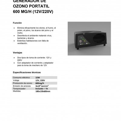 Gerador de ozono portátil 600 MG/H (12V/220V) JBM 53796