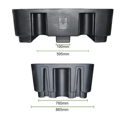 Peça plástica preta com dimensões em milímetros, duas vistas mostradas