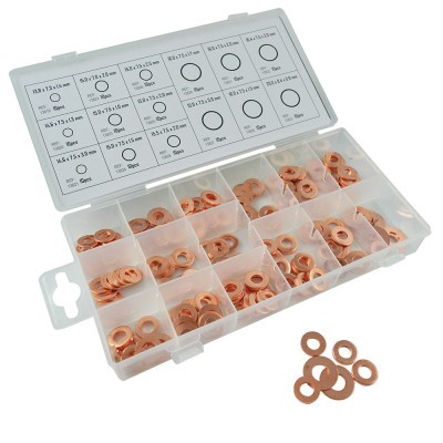 Caixa organizadora com anilhas de cobre de vários tamanhos e etiquetas no interior da tampa.