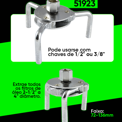 Ferramenta metálica para extrair filtros de óleo com três braços e acabamento cromado