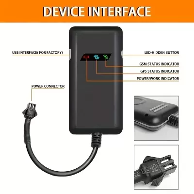 Dispositivo eletrônico preto com cabo e etiquetas indicativas