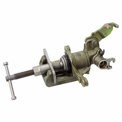 Dispositivo mecânico metálico verde com molas e alavanca sobre fundo branco