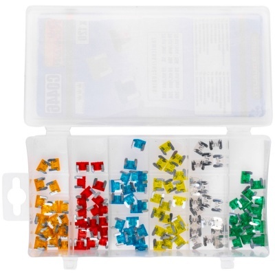 Caixa com mini fusíveis automotivos coloridos organizados