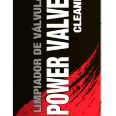 Frasco preto com etiqueta azul, vermelha e branca contendo limpador de válvulas de automóvel