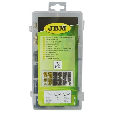 Conjunto de parafusos e porcas JBM em embalagem de plástico transparente com etiqueta verde