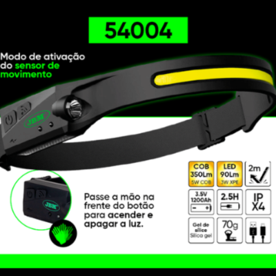 Lanterna de cabeça preta com detalhes amarelos, especificações técnicas e instruções de uso