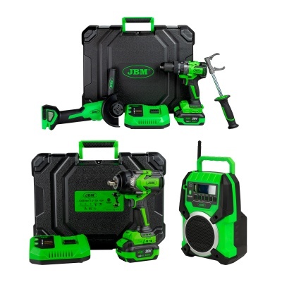 Conjunto de ferramentas eléctricas JBM preto e verde com caixas de transporte.